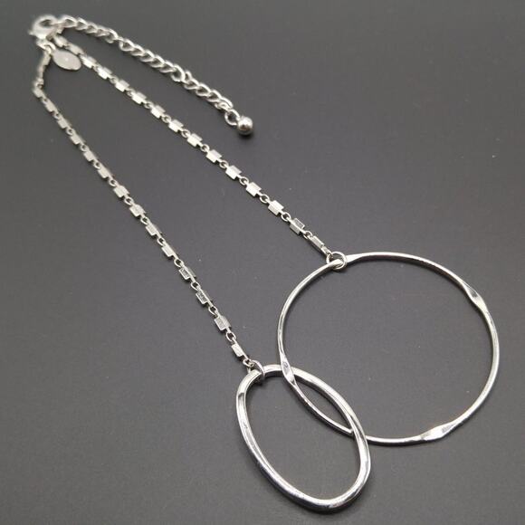 Chico's Silver Tone Double Hoop Necklace, Designer Chain, Stationary Hoops, 21" - Picture 4 of 7